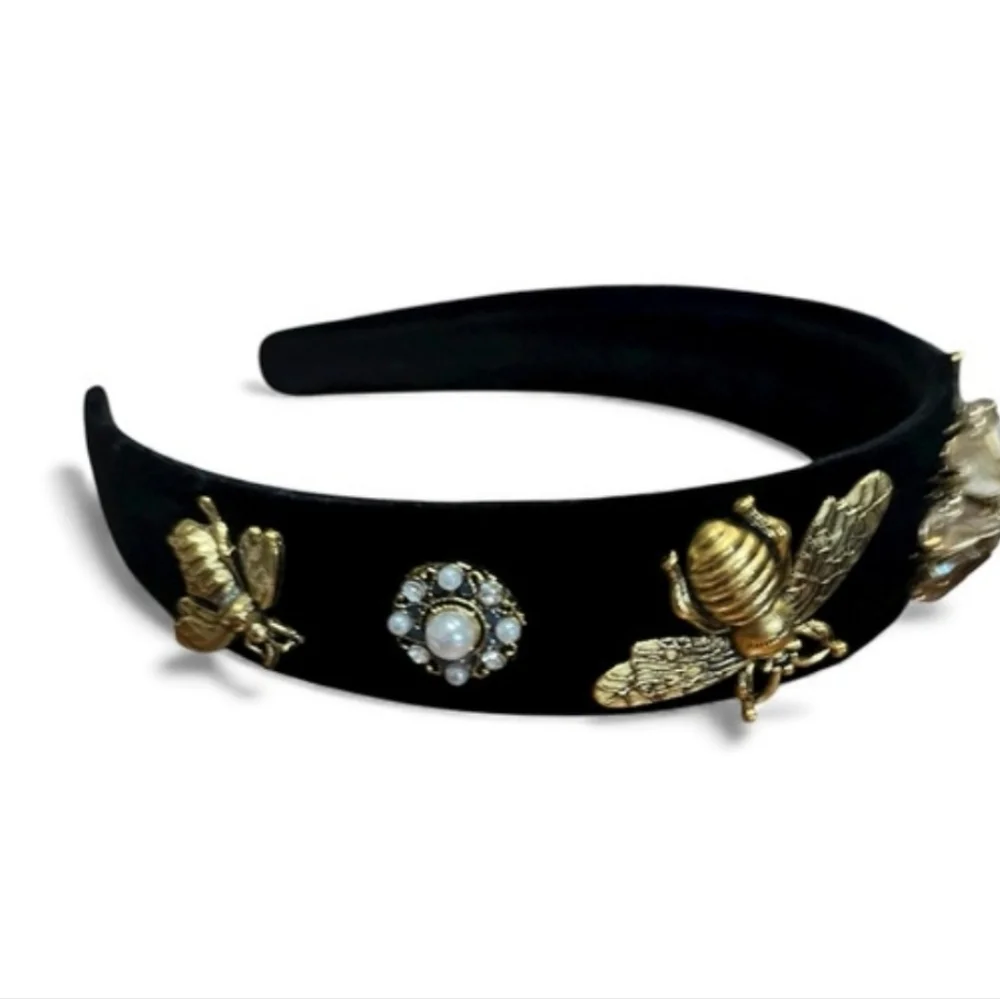 Black Velvet Headband Baroque Gold Bee & Flower Crystal Charms Hair Accessories - Picture 4 of 5
